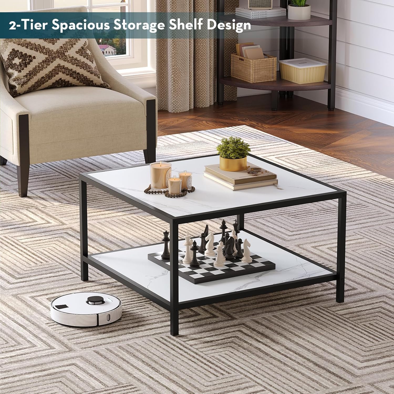 SAYGOER White Coffee Table with Storage 2 Tier Modern Suqare Coffee Tables for Living Room Small Faux Marble Center Table for Office Apartment Home, Easy Assembly
