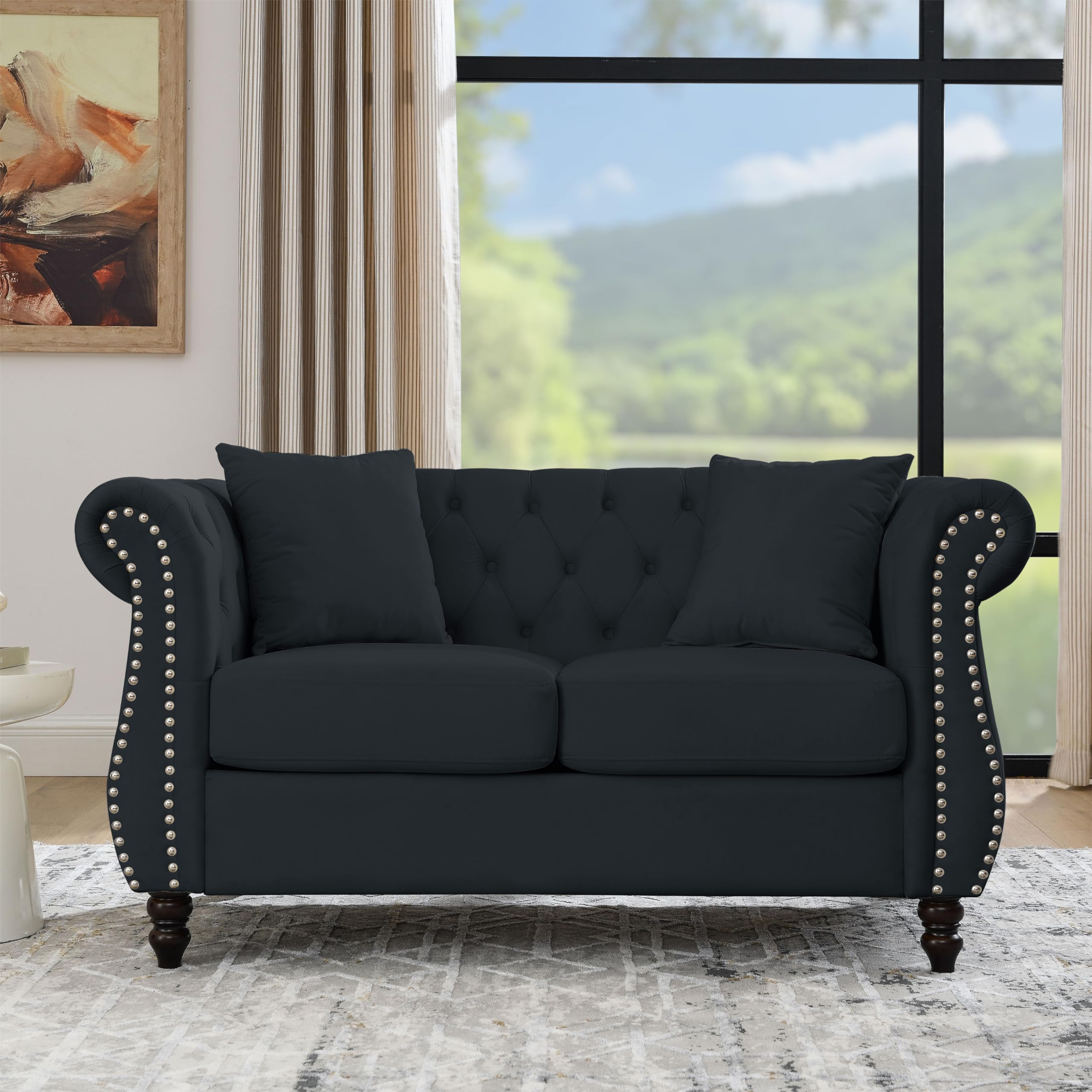 79" Chesterfield Velvet 3-Seater Sofa for Living Room,Tufted Couch with Rolled Arms Nailhead and Two Pillows for Living Room, Bedroom