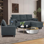 Sectional Sofa Set Convertible and Accent Chair - Small 3 Seat L Shaped Couch With Reversible Ottoman and Side Pockets, Modern Linen for Living Room, Office, Apartment, Dark Grey