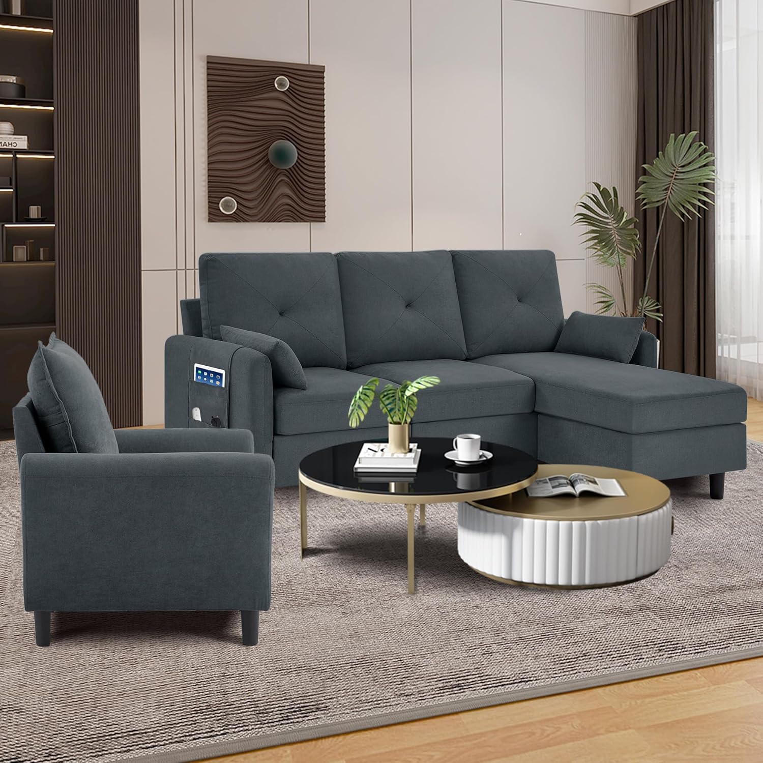 Sectional Sofa Set Convertible and Accent Chair - Small 3 Seat L Shaped Couch With Reversible Ottoman and Side Pockets, Modern Linen for Living Room, Office, Apartment, Dark Grey