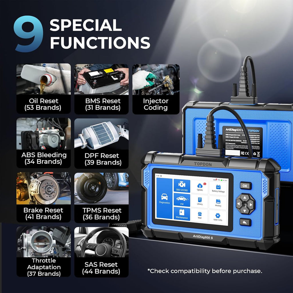OBD2 Scanner TOPDON AD600S Scan Tool, Code Reader, Diagnostics Scanner for ABS/SRS/AT/Engine, 9 Reset Services, Oil/Brake/BMS/SAS/DPF/TPMS/ETS Reset/ABS Bleeding/Injector Coding, Free Lifetime Upgrade