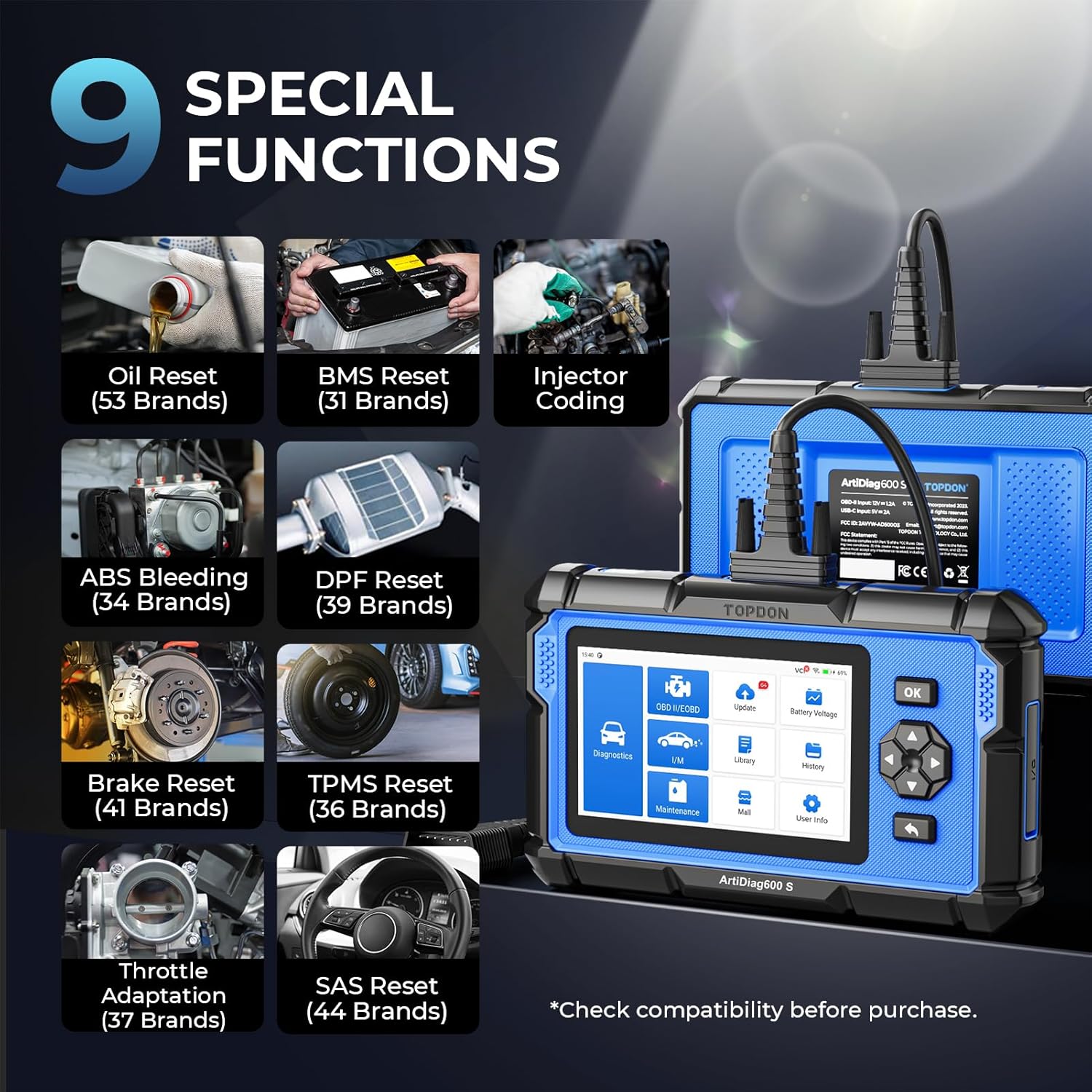 OBD2 Scanner TOPDON AD600S Scan Tool, Code Reader, Diagnostics Scanner for ABS/SRS/AT/Engine, 9 Reset Services, Oil/Brake/BMS/SAS/DPF/TPMS/ETS Reset/ABS Bleeding/Injector Coding, Free Lifetime Upgrade