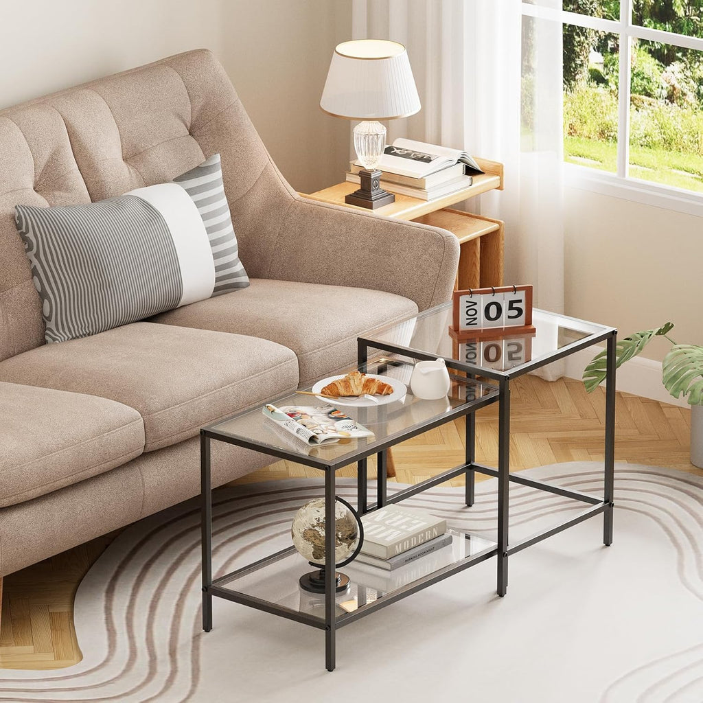 Nesting Coffee Table Set of 2,Glass Coffee Table Modern Center Living Room Table,Minimalist Nesting Table Set of 2 for Living Room,Tempered Glass-top with Sturdy Metal Frame, Easy Assembly,Black