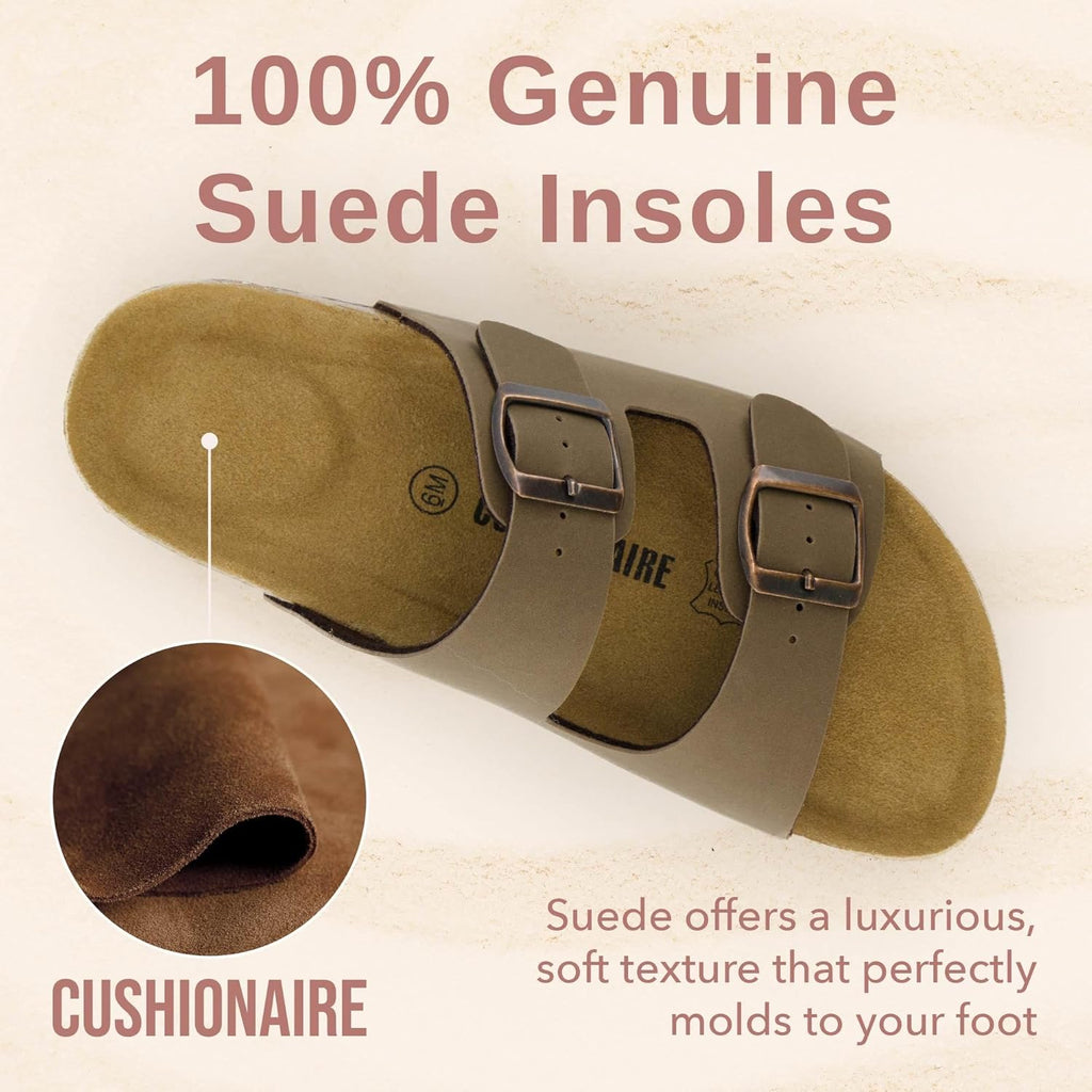 CUSHIONAIRE Lane Cork Footbed Sandals for Women – Comfortable Double Buckle Slip-On with Genuine Suede Footbed & Arch Support Slides for Women Footwear