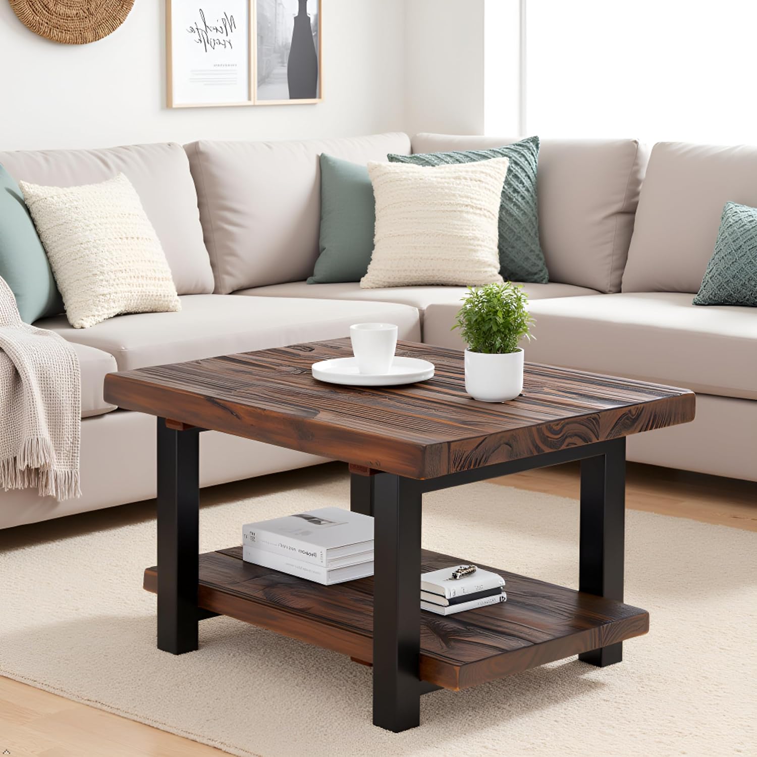 Pomona 27-Inch Rustic Square Coffee Table – Solid Pine Wood with Natural Weathered Finish and Industrial Metal Legs – Small Space Living Room Accent by Alaterre Furniture