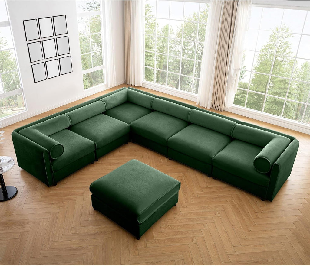 Large Sectional Couches for Living Room, Corner Couch with Storage Chenille Sectional Sofa, Cylindrical Backrest and Armrests 6 Seats,Green