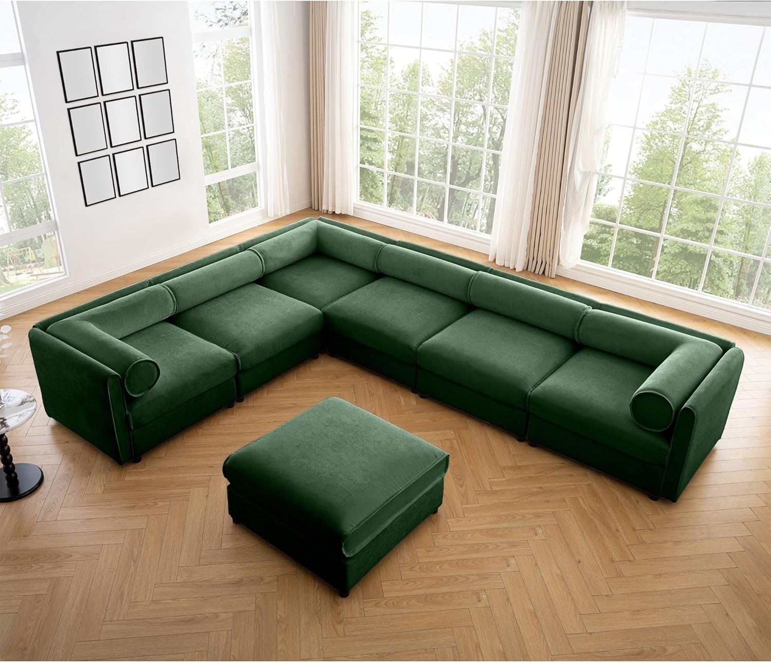 Large Sectional Couches for Living Room, Corner Couch with Storage Chenille Sectional Sofa, Cylindrical Backrest and Armrests 6 Seats,Green