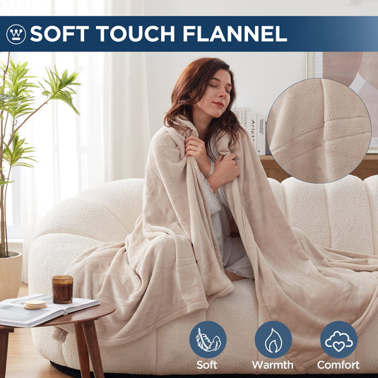 Westinghouse Electric Blanket Queen Size, Super Cozy Soft Flannel 84" x 90" Heated Blanket with 10 Fast Heating Levels & 1-12 Auto-Off, Machine Washable, ETL&FCC Certification, Beige