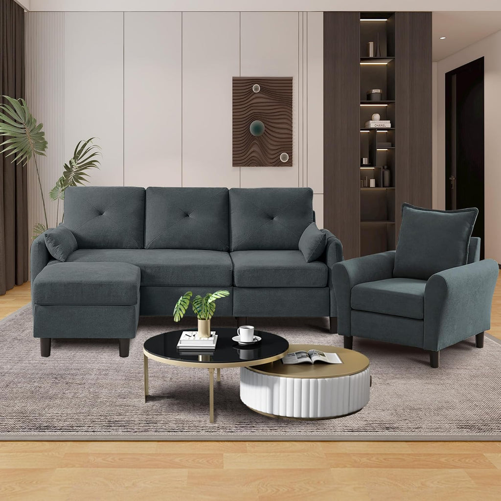 Sectional Sofa Set Convertible and Accent Chair - Small 3 Seat L Shaped Couch With Reversible Ottoman and Side Pockets, Modern Linen for Living Room, Office, Apartment, Dark Grey