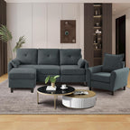 Sectional Sofa Set Convertible and Accent Chair - Small 3 Seat L Shaped Couch With Reversible Ottoman and Side Pockets, Modern Linen for Living Room, Office, Apartment, Dark Grey