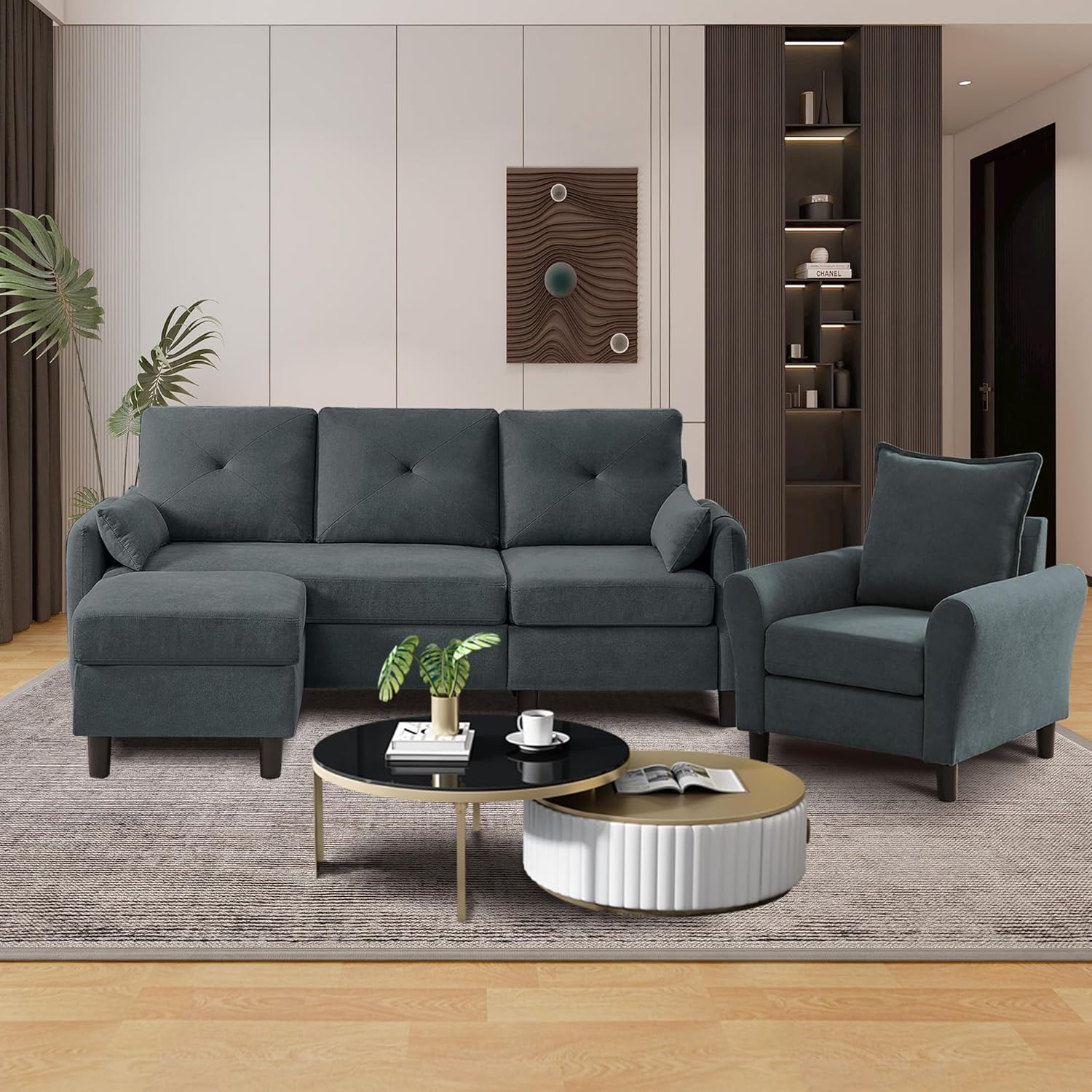 Sectional Sofa Set Convertible and Accent Chair - Small 3 Seat L Shaped Couch With Reversible Ottoman and Side Pockets, Modern Linen for Living Room, Office, Apartment, Dark Grey