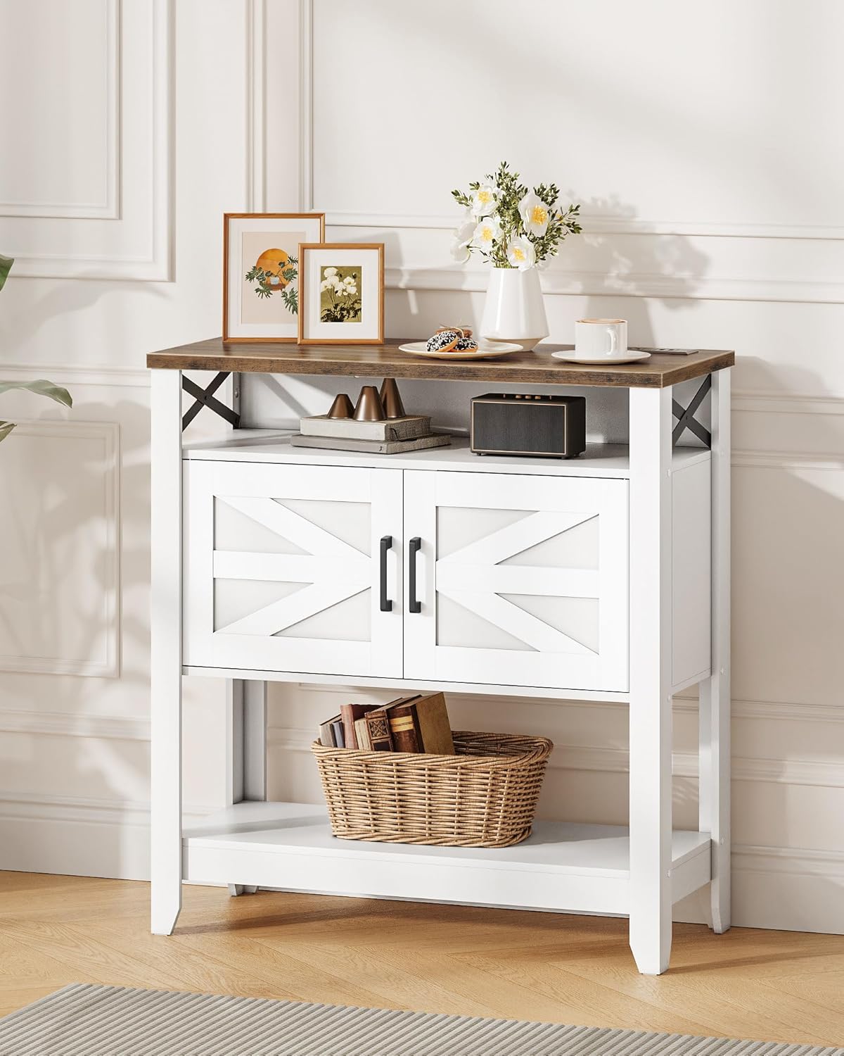 Console Table, Farmhouse Sofa Table with Power Outlet, Entryway Table with Cabinet and Open Shelves, Coffee Bar Cabinet with Storage for Entrance, Hallway, Kitchen, White and Walnut MXG01UWL