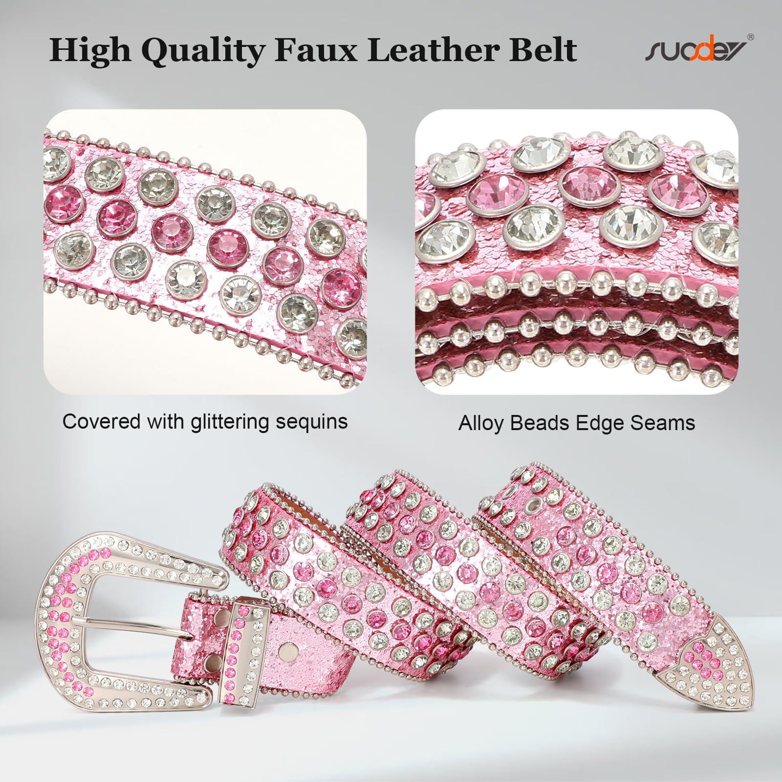SUOSDEY Fashion Rhinestone Sequins Belt for Men Women Western Cowgirl Cowboy Bling Diamond Leather Belt for Jeans Dress