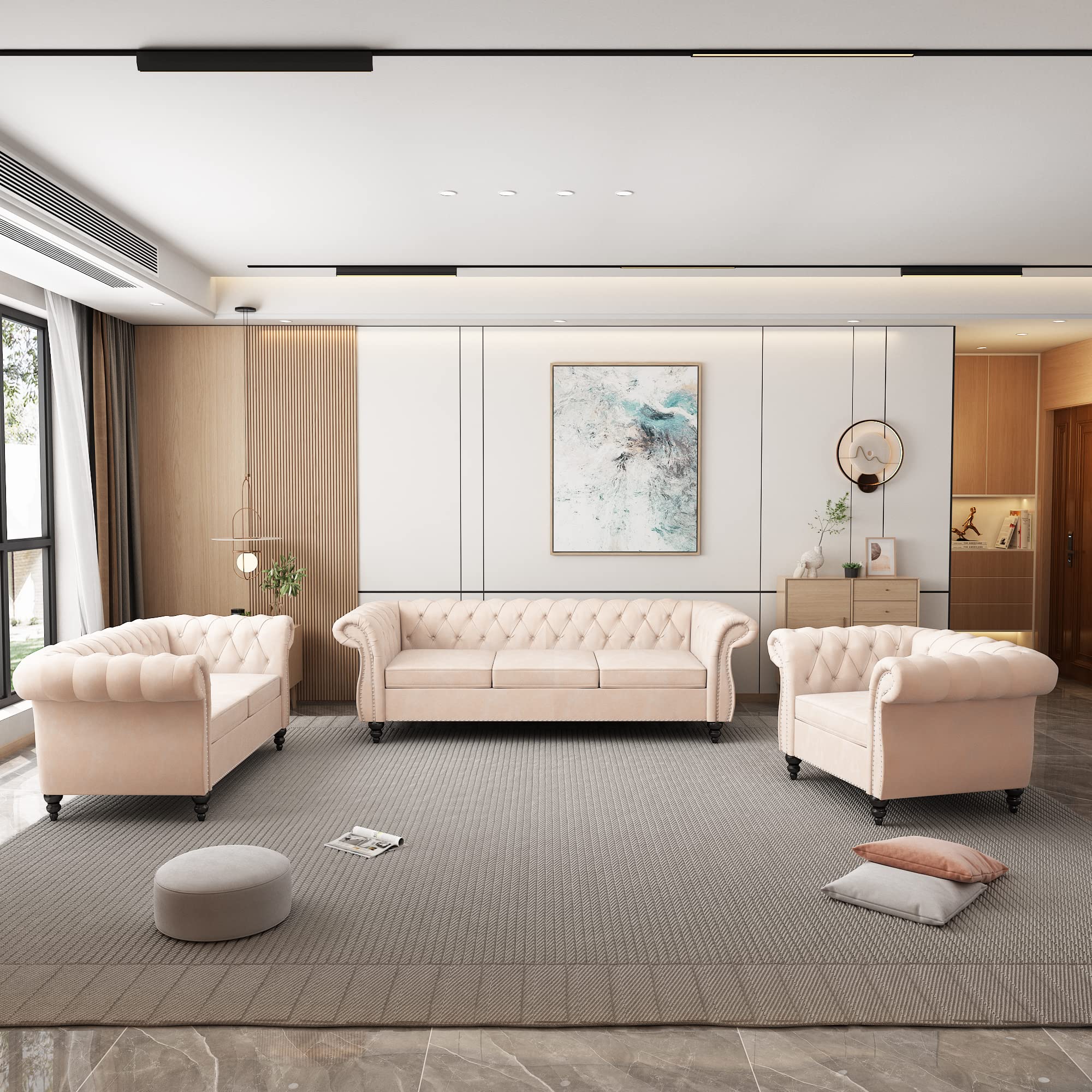 2 Piece Living Room Set, Chesterfield Leather Sofa Couch Chair with Scroll Arms and Nailhead for Living Room, Office (Dark Brown)