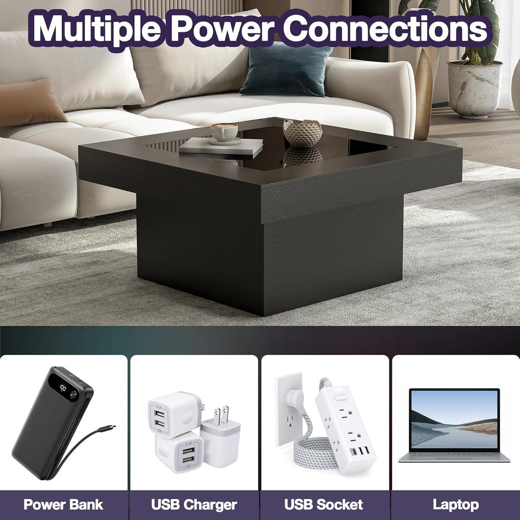 FKWin Black Modern Coffee Tables - Endless Depth Mirror Square Coffee Table with LED Lights, Black Table for Living Room, Tempered Glass-Top Center Tables, 31"