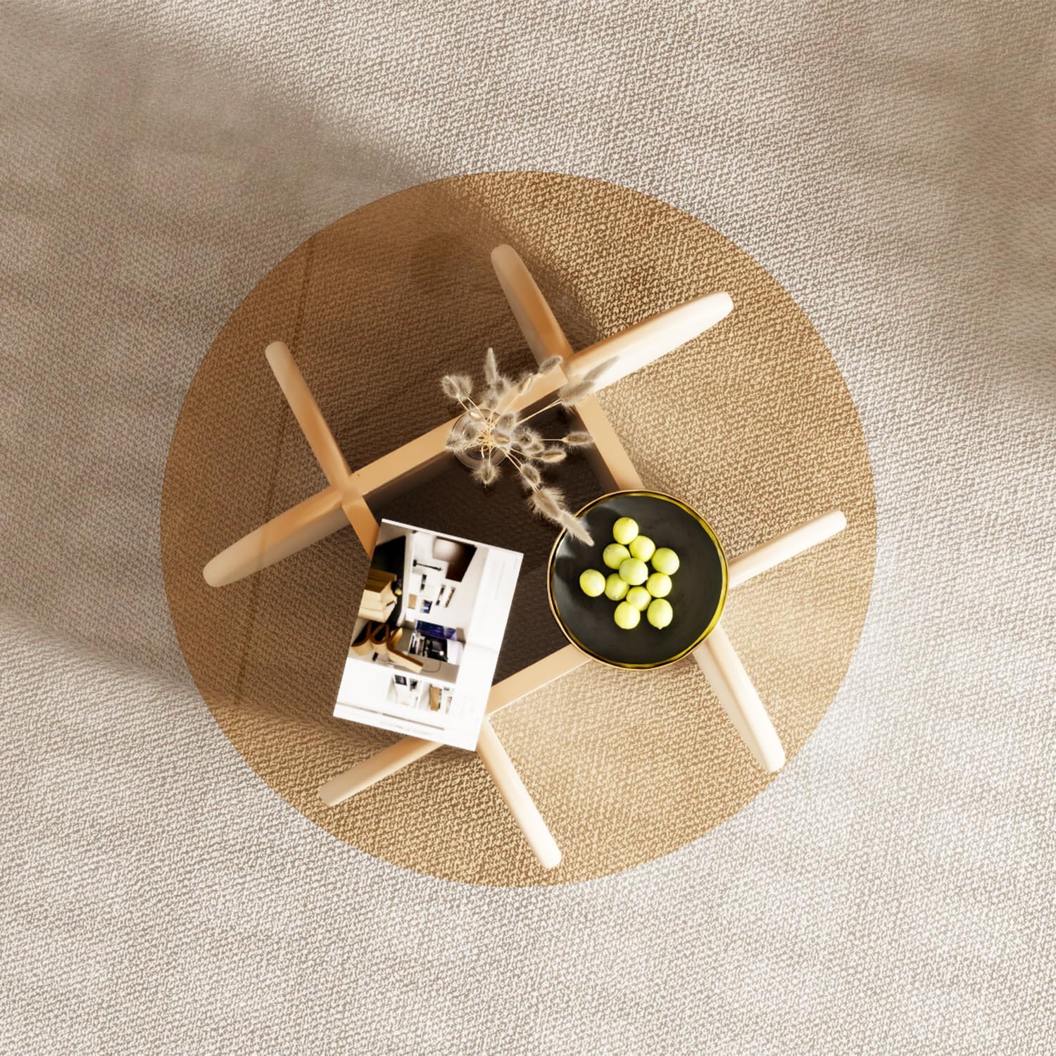 Glass Coffee Table, Mid Century Modern Design, 31.5'' Modern Round Tempered Glass Coffee Tables for Living Room, Cocktail Table for Small Space Home Office. (White + Brown)