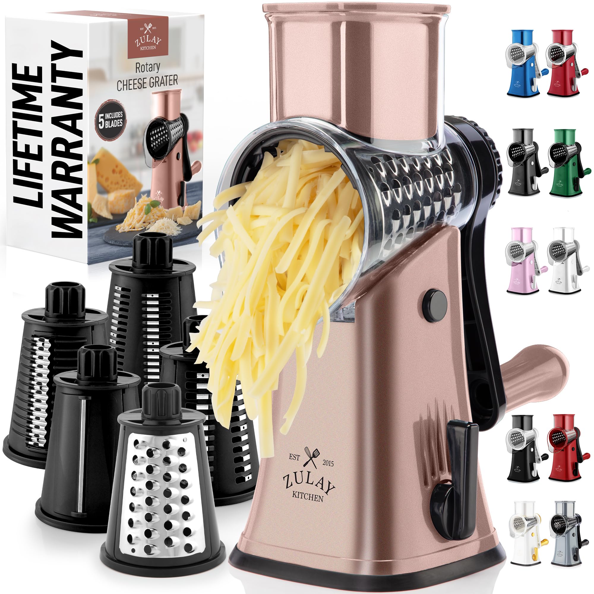 Zulay Rotary Cheese Grater 3 Blade Cheese Shredder - Manual Hand Crank Cheese Grater With Reinforced Suction & 3 Interchangeable Drums - Easy to Use Vegetable Chopper - Black