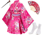 Japanese Anime Women's Dance Kimono Robe Fancy Dress Hand Held Silk Folding Fans Tabi Hairstick Socks Set