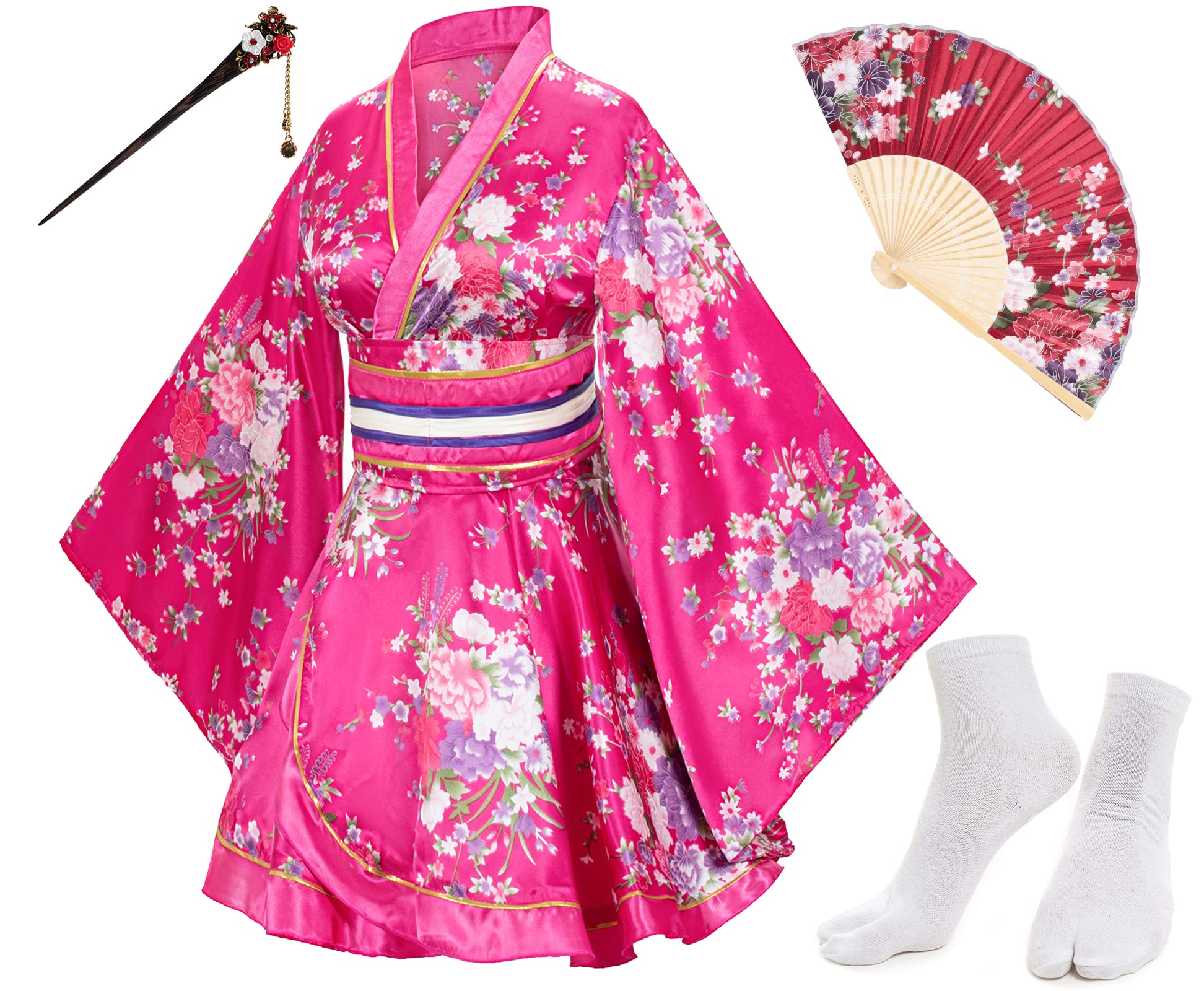 Japanese Anime Women's Dance Kimono Robe Fancy Dress Hand Held Silk Folding Fans Tabi Hairstick Socks Set