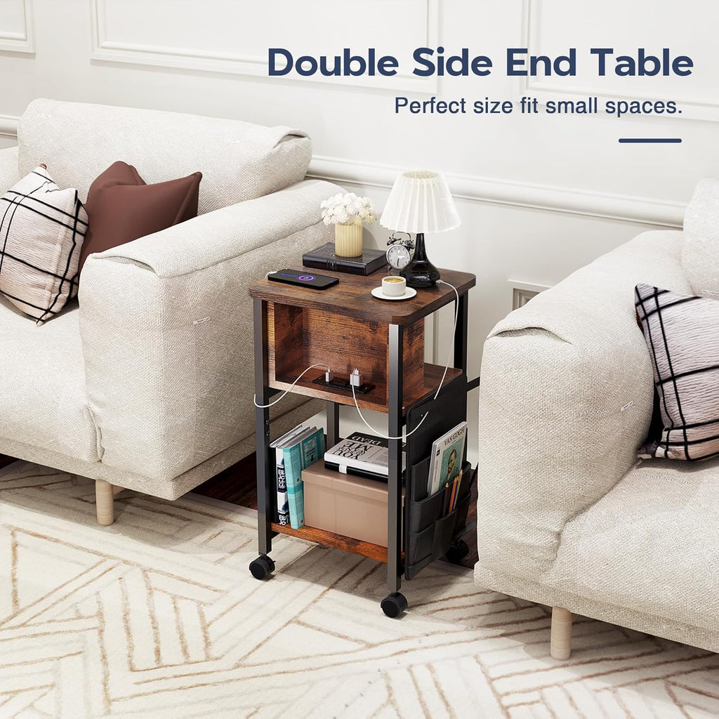 Merapi Small End Table with Charger, Side Table on Wheels, Mobile Nightstand with USB Ports, Rustic Wood Sofa Side Table with Storage for Small Spaces, Living Room, Bedroom, Home Office