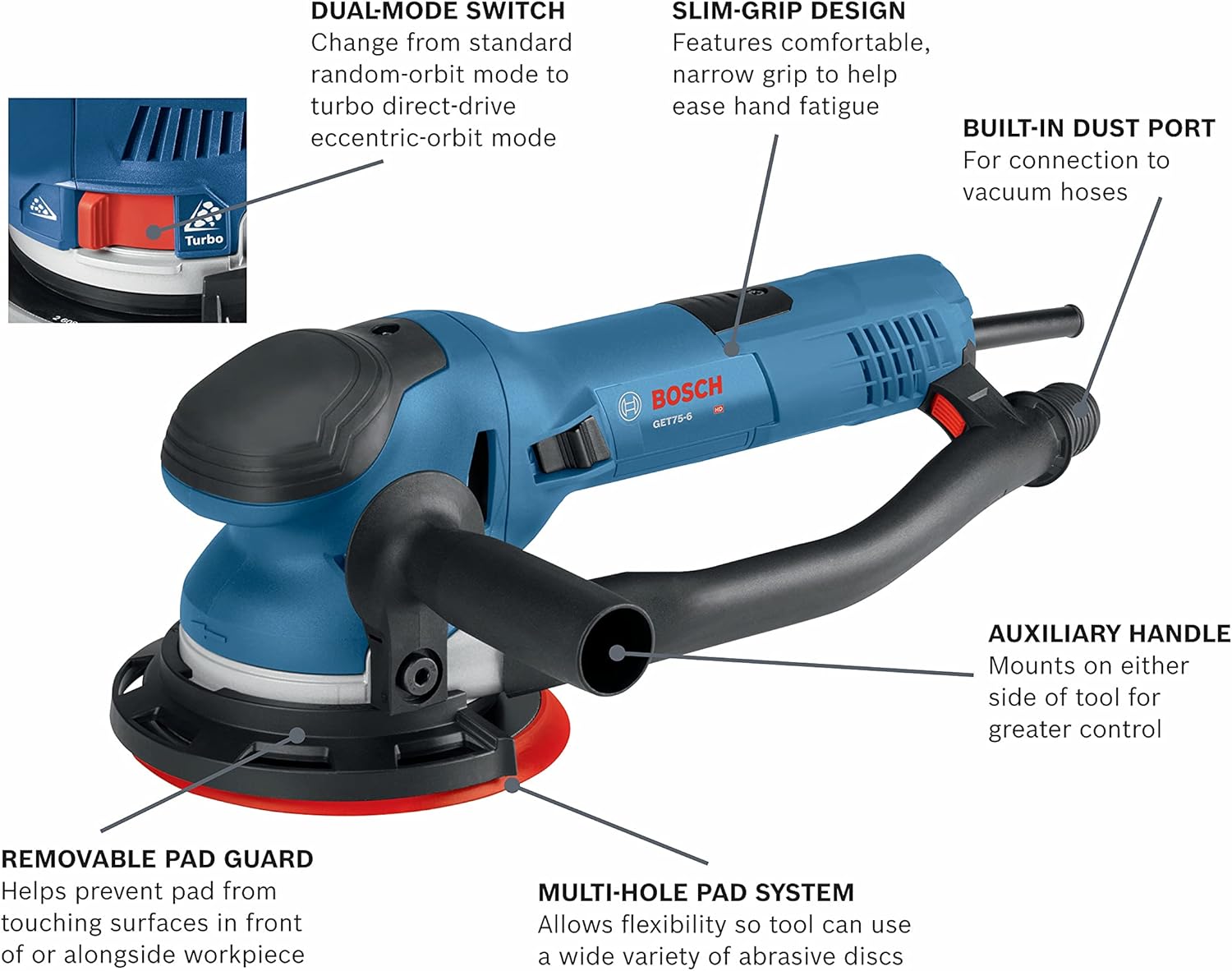 BOSCH GET75-6N Electric Orbital Sander, Polisher - 7.5 Amp, Corded, 6 Inch Disc Size - Dual-Mode: Random Orbit & Turbo