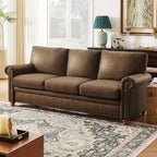 Faux Leather Sofa, 84" Rolled Arms Couch with Nailhead Trim, 3 Seater Deep Seat Sofa with Spring Cushion, Solid Wooden Bun Legs, Mid-Century Vintage Couch for Living Room, Farmhouse, Brown