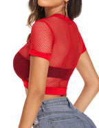 Avidlove Top Corto Transparente para Mujer Camiseta de Manga Corta de Red Transparente Cuello O Bikini Pulóver Rojo, S