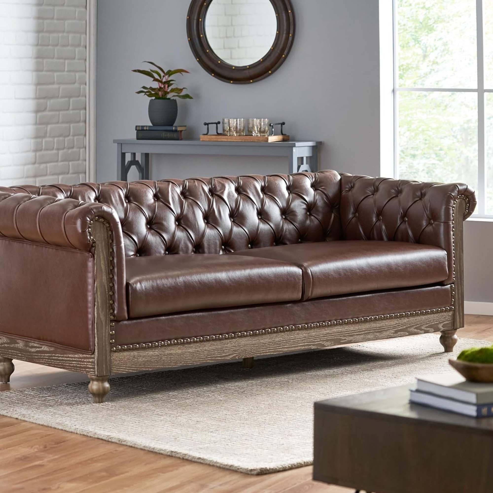 Merax Chesterfield Sofa, Retro Style Upholstered 3 Seater Rolled Arm Couch for Living Room Bedroom Office, Beige