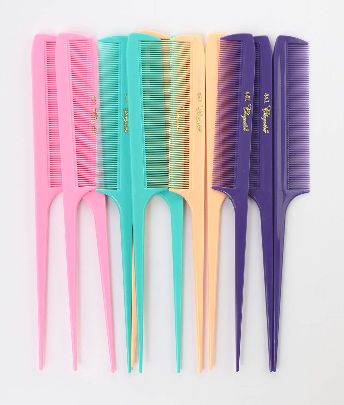 SHEON Cleopatra 8-1/2 tommer Rattail Kamme Ekstra Fint Tand. Rattail Kam Model #441. Farve Frisk Mix. 1 Dusin