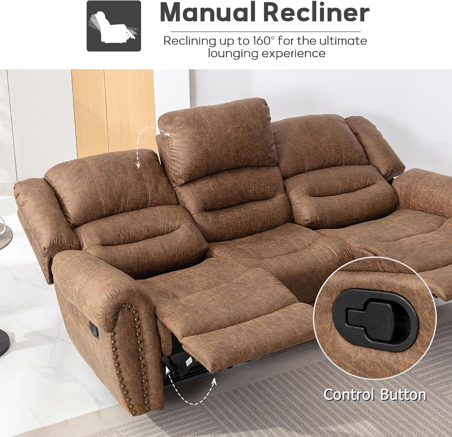 Faux Leather Reclining Sofa, 3 Seater Recliner Sofa Chair, Manual Reclining Couch Set for Living Room, Home Furniture Set, for Meeting Room, Brown (3 Seat Sofa)