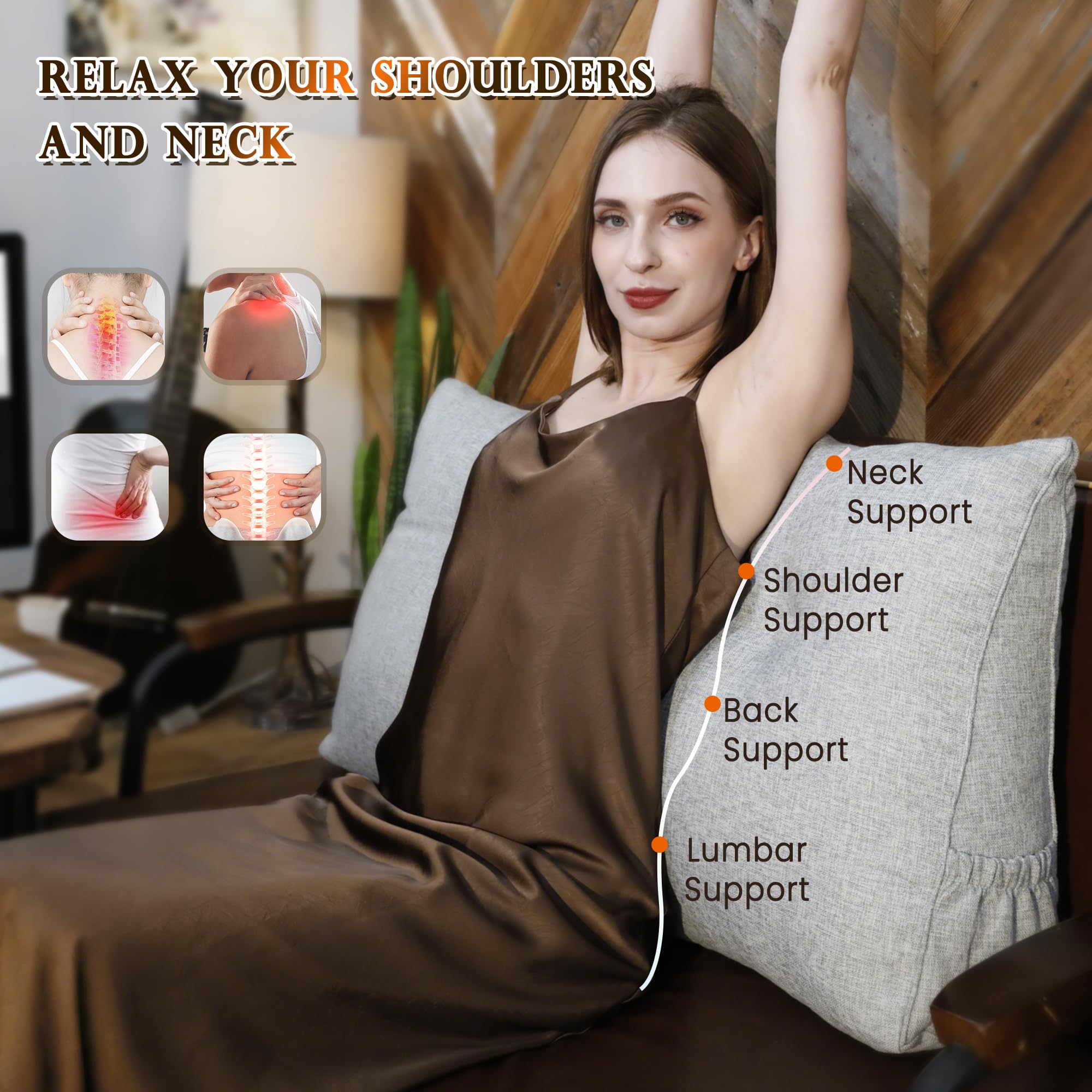 بالش پشتی بزرگ مثلثی Wellty Care با بالش رول سر، بالش تکیه‌گاه پشتی برای حمایت و استراحت در تخت با کاور قابل جدا شدن (خاکستری، دو نفره: 39x8x20 اینچ)