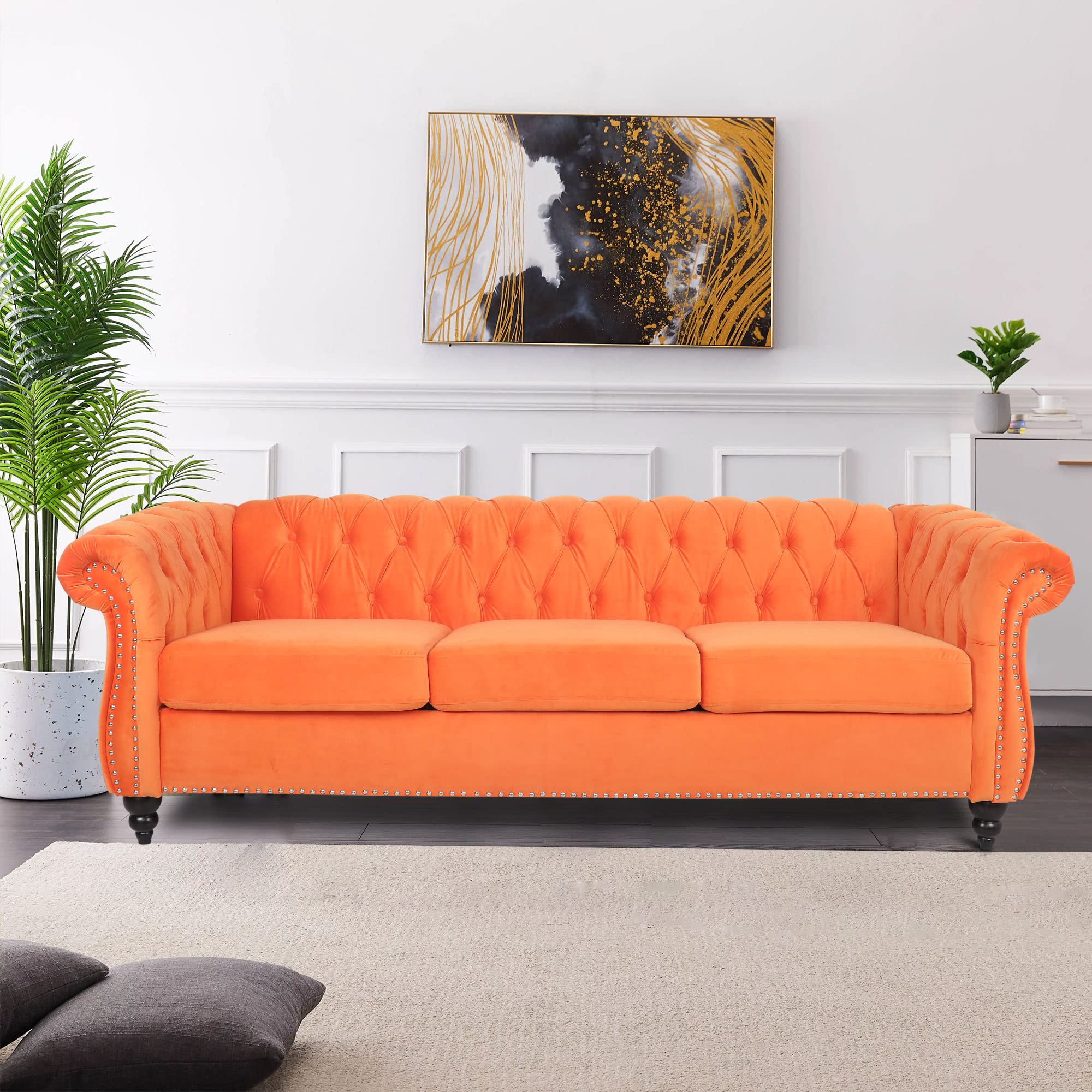 LEVNARY Three-Seat Velvet Sofa, Large Sofa Classic Tufted Chesterfield Settee Modern 3 Seater Couch Furniture Tufted Back for Living Room, Blue