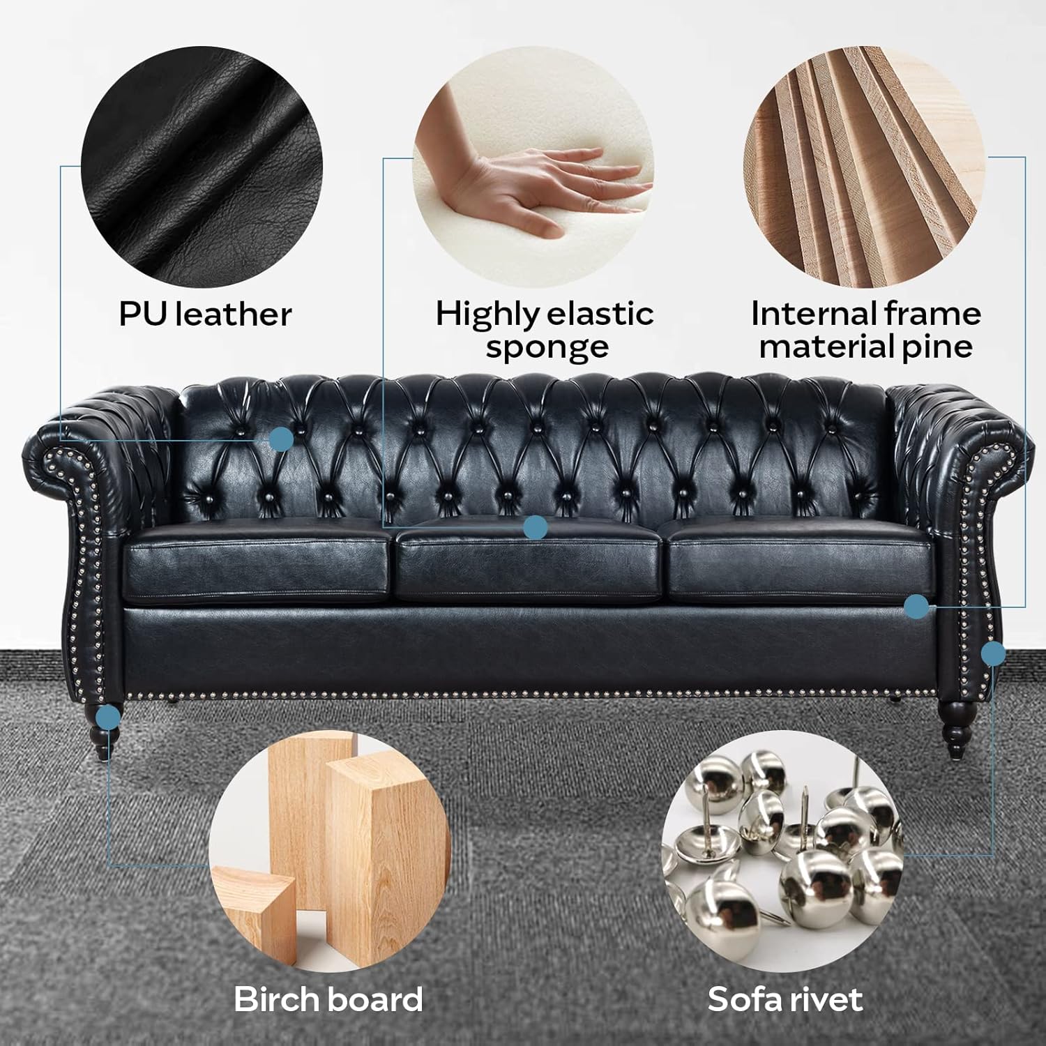 Chesterfield Sofas for Living Room, Black Rolled Arm 3-Seater Leather 84" Large Couch Deep Button Nailhead Tufted Upholstered Couches for Bedroom, Office Apartment Easy to Assemble