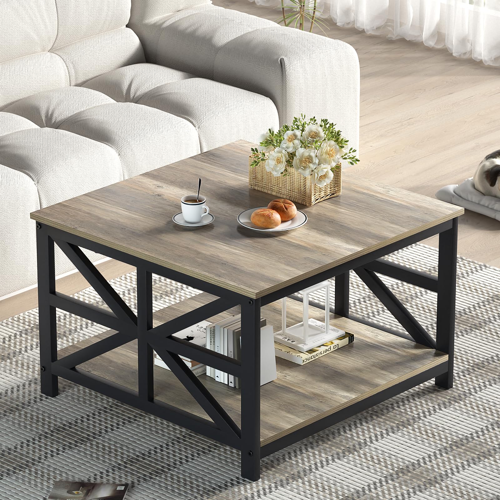 GreenForest Coffee Table with Storage for Living Room, Small Square Center Tables with Seamless One-Piece Tabletop Farmhouse Style, Black
