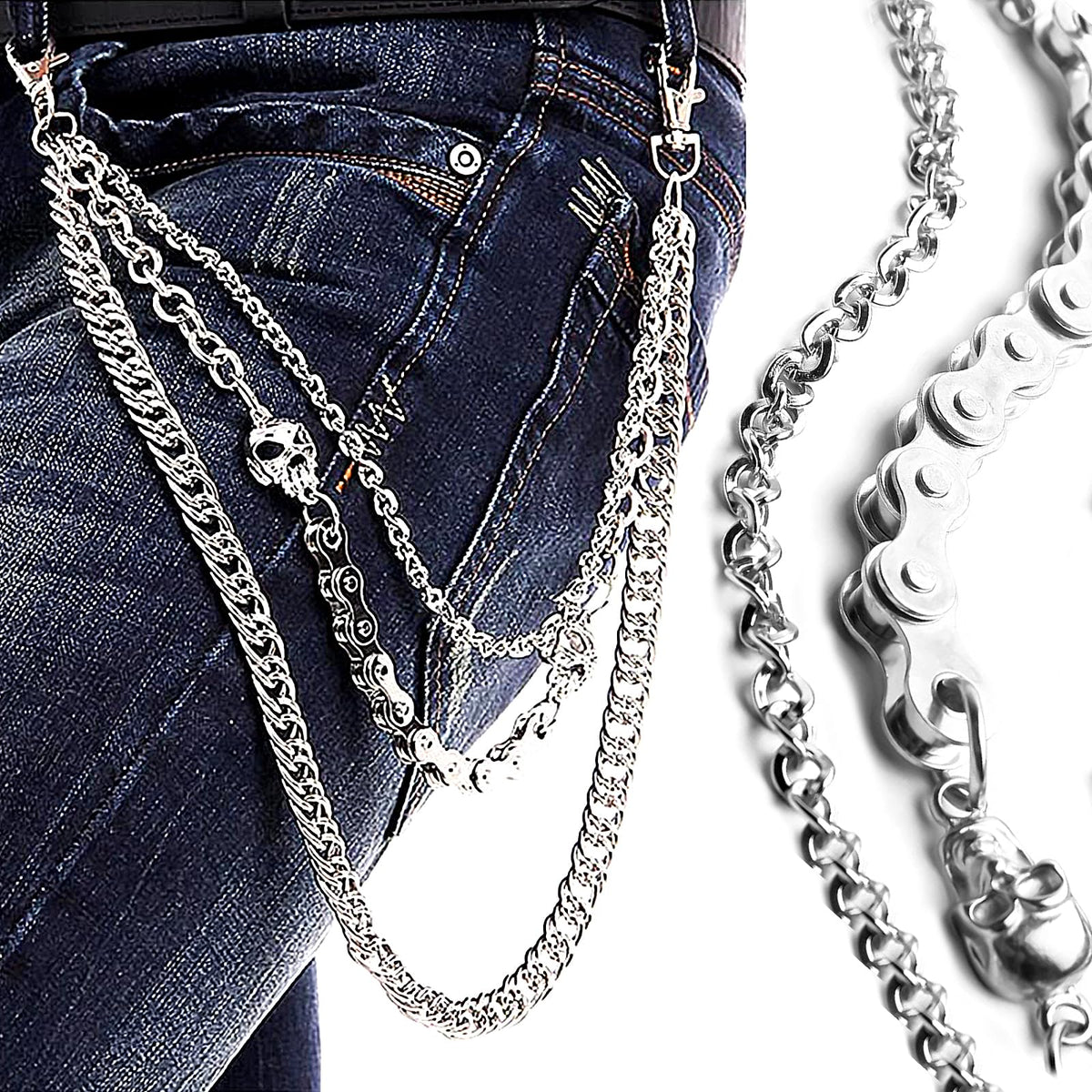 Chaîne de pantalon pour hommes femmes, chaîne de portefeuille crâne biker, longue chaîne de ceinture de poche cool EMO punk pour pantalons, porte-clés pour hip hop rock jean gothique