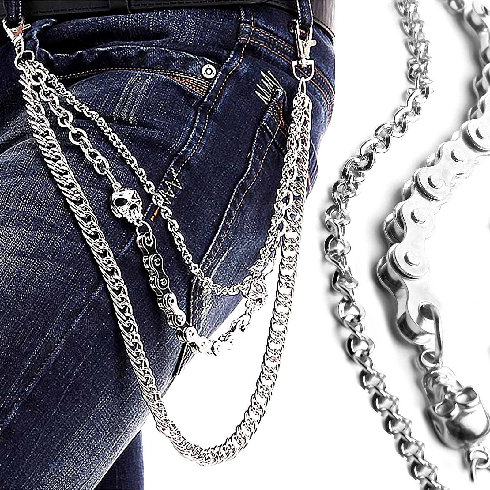 Chaîne de pantalon pour hommes femmes, chaîne de portefeuille crâne biker, longue chaîne de ceinture de poche cool EMO punk pour pantalons, porte-clés pour hip hop rock jean gothique