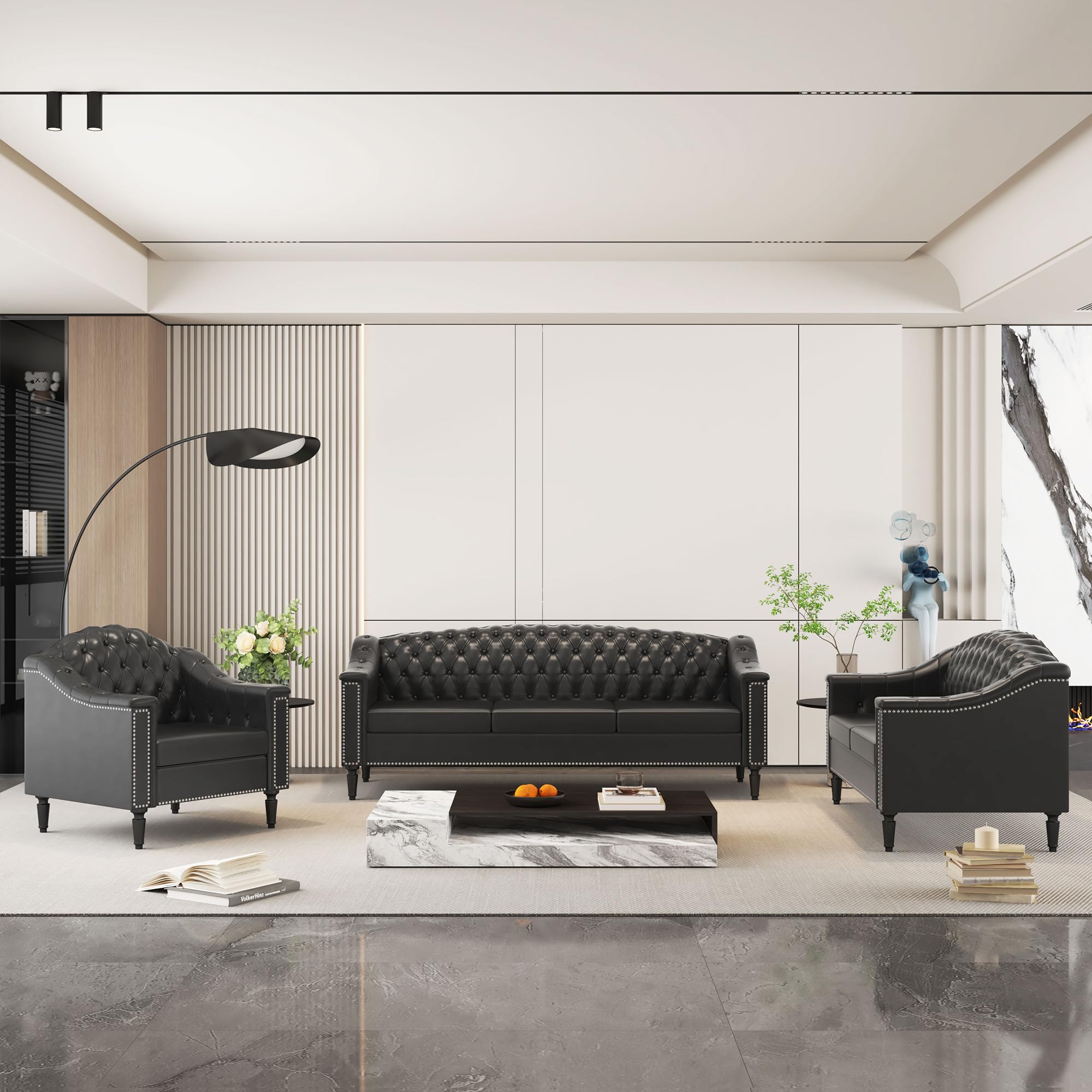 AVZEAR 82" Three Seater Leather Sofa, Chesterfield Sofa, Mid-Century Modern PU Upholstered Sofa Couch, Deep Button Tufted Living Room Sofa with Two Throw Pillows, Black