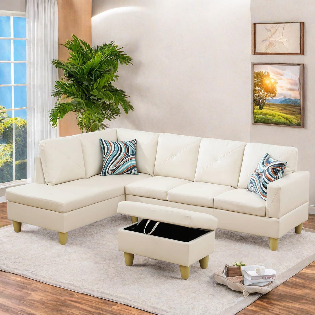 Leather Sectional Couch, Modern L Shaped Couches for Living Room, Comfy 4 Seat Modular Sectional Sofa with Ottoman Storage for Bedroom Apartment, Black