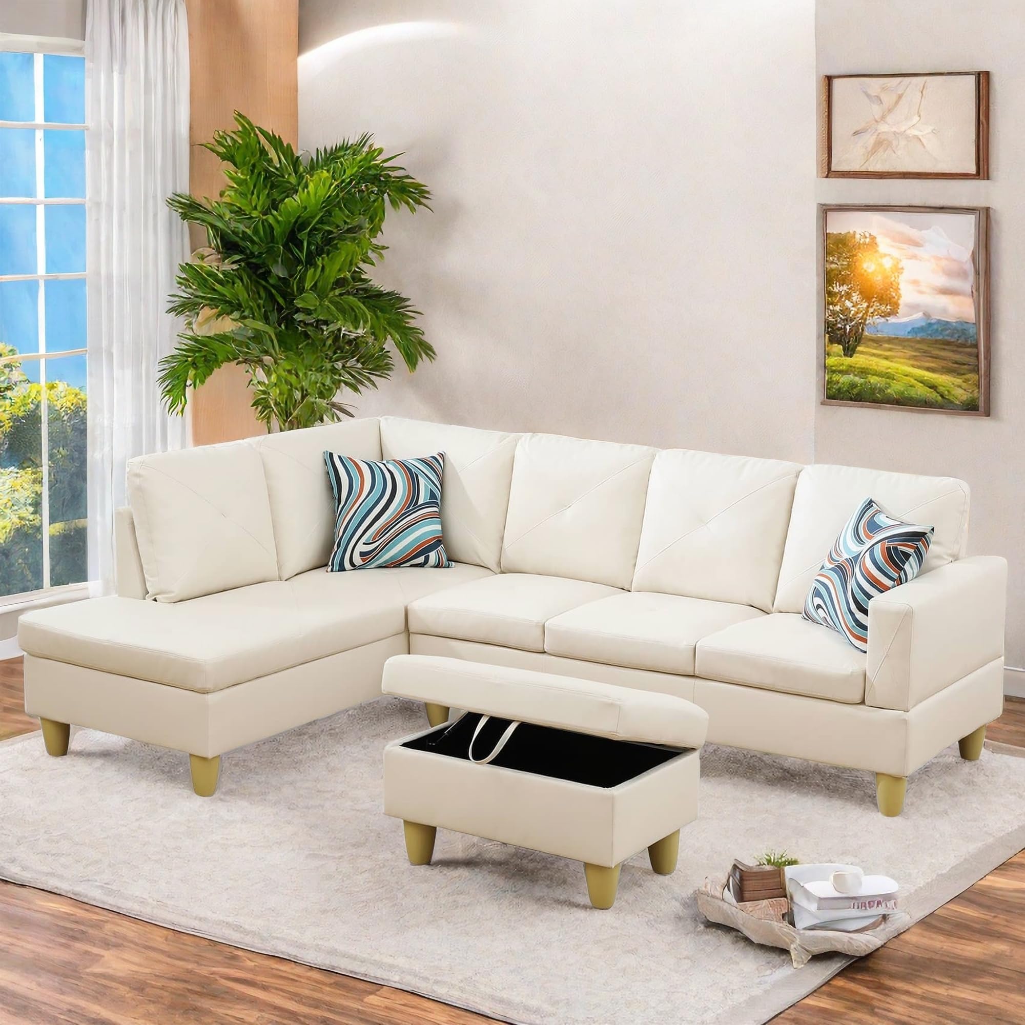 Leather Sectional Couch, Modern L Shaped Couches for Living Room, Comfy 4 Seat Modular Sectional Sofa with Ottoman Storage for Bedroom Apartment, Black