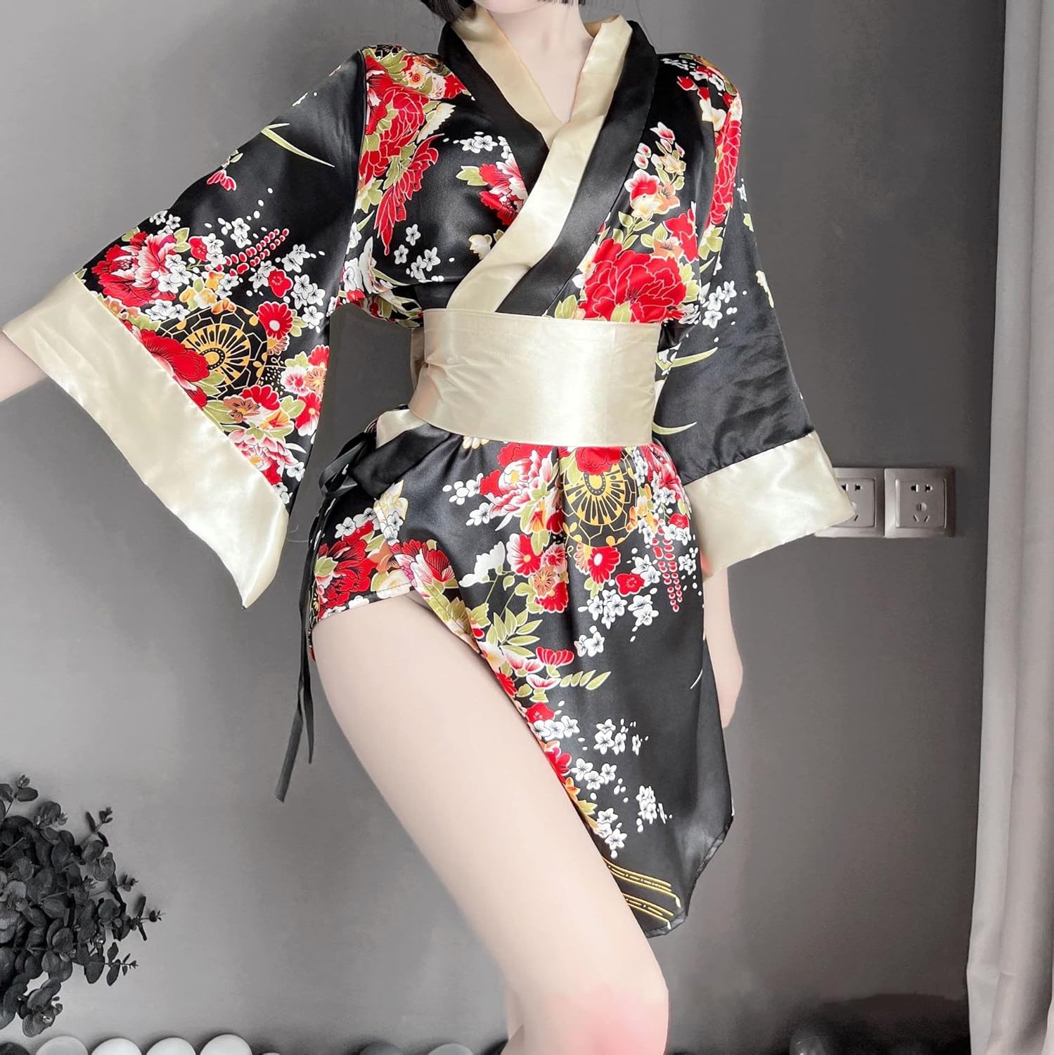 SIQITECHNO Womens Floral Kimono Bathrobe Mini Dress Nightgown Nightwear Japanese Short Yukata Sleepwear Outfit Belt Lingerie