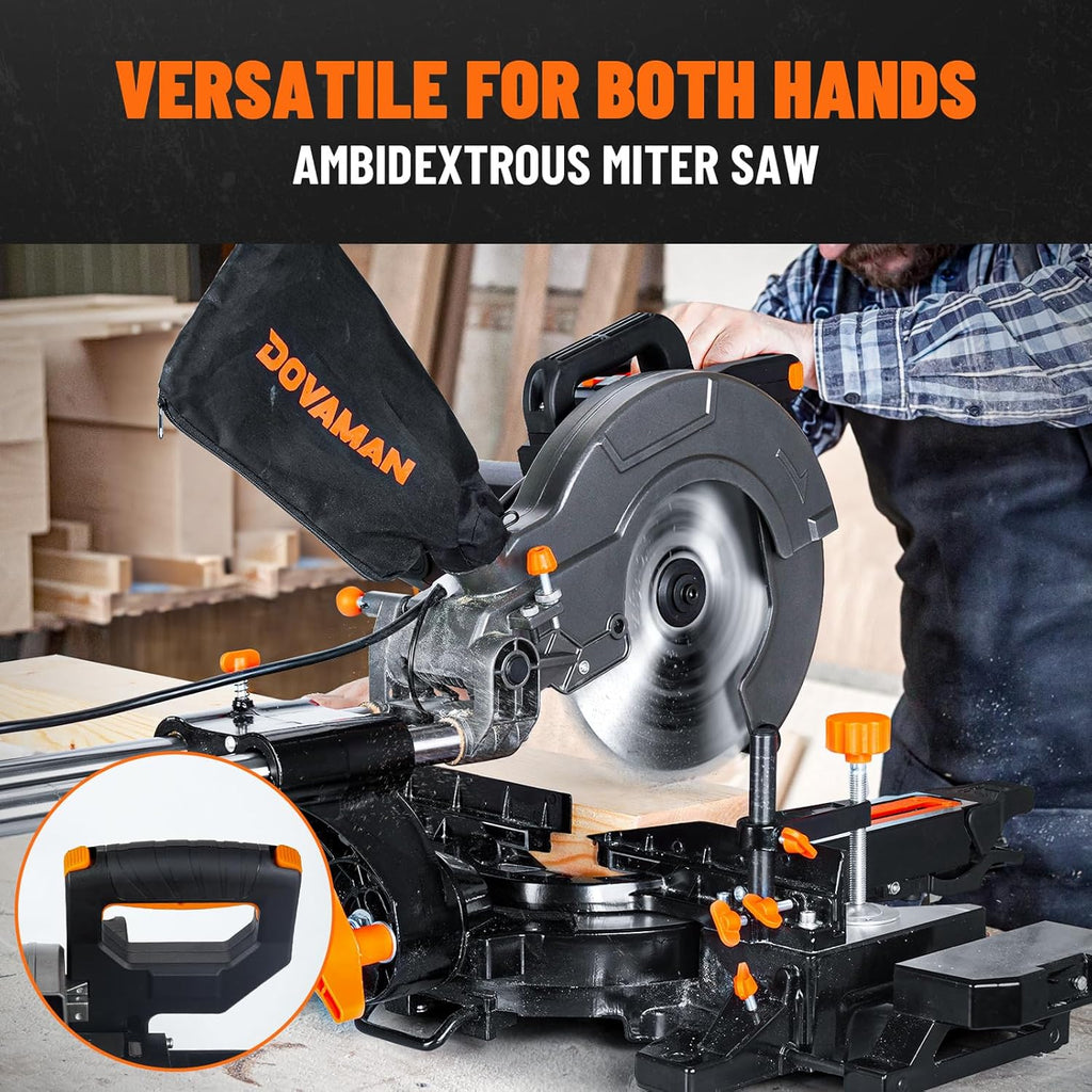 DOVAMAN Updated 10-Inch Sliding Miter Saw, Multi-Material Cutting w/ 3 x TCT Blades, Ambidextrous Operation, 5000/3200RPM Speed, Laser Guide, 0-45° Bevel Cut, Max Cut 3.5x13.4in, 9 Positive Stops