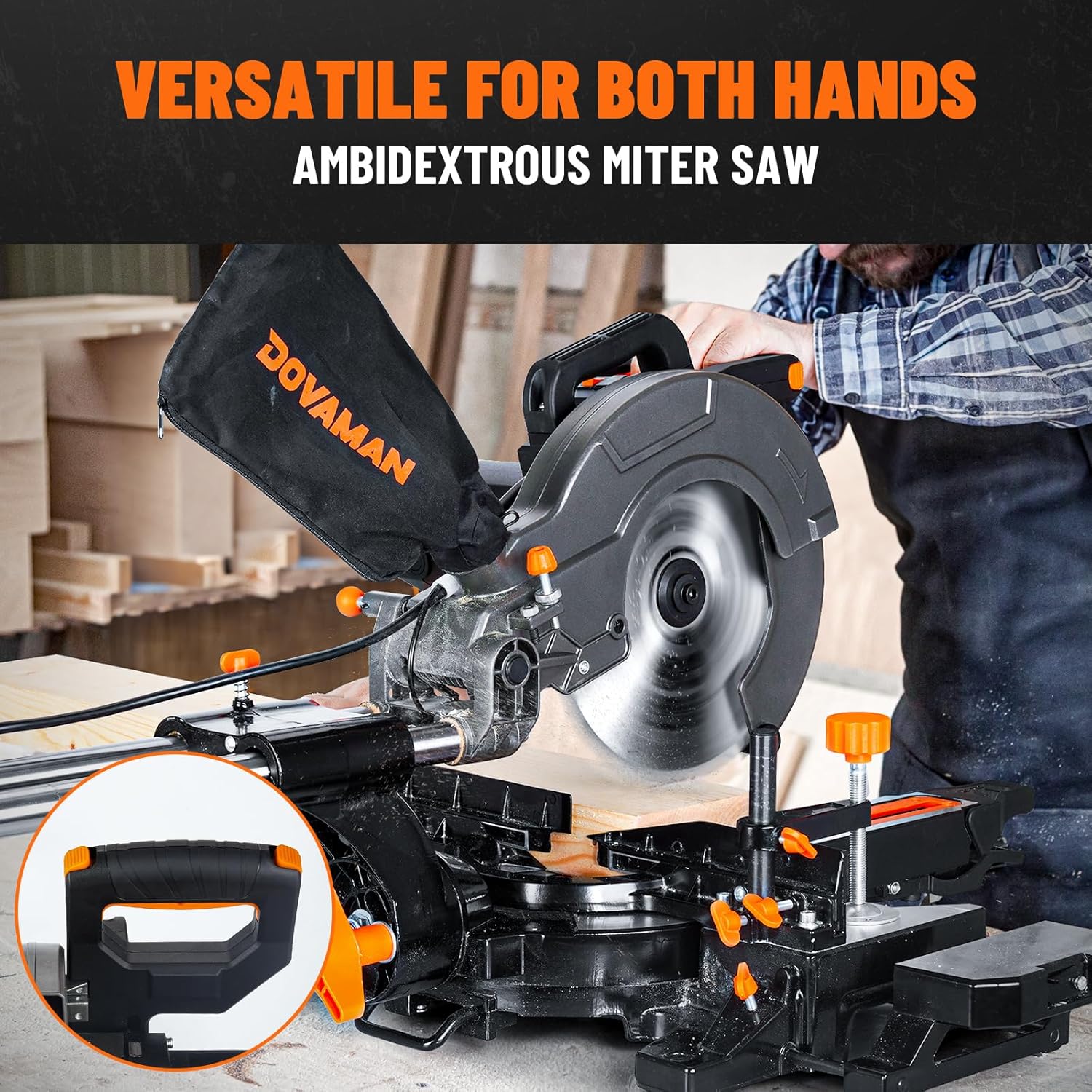 DOVAMAN Updated 10-Inch Sliding Miter Saw, Multi-Material Cutting w/ 3 x TCT Blades, Ambidextrous Operation, 5000/3200RPM Speed, Laser Guide, 0-45° Bevel Cut, Max Cut 3.5x13.4in, 9 Positive Stops