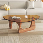 Triangle Glass Coffee Table-Mid-Century Modern End Table Solid Wood Base & Vintage Tempered Transparent Glass Top Coffee Tables Living Room Balcony (Black/Brown, Small 32.2 * 22.4 * 16in)