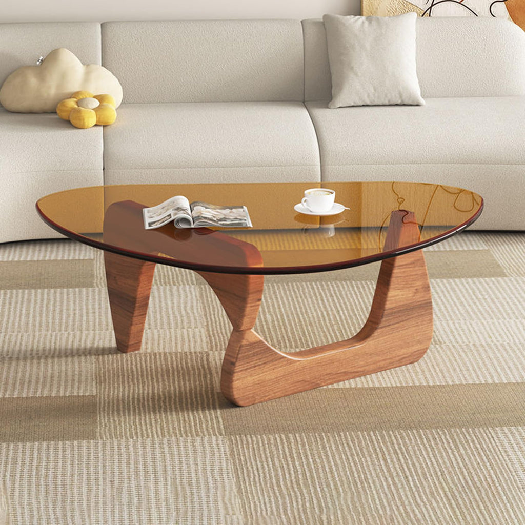 Coffee Tables for Living Room - Triangle Glass Coffee Table with Wooden Base Mid-Century Modern Abstract End Table for Study Room Office Hotel Balcony (Walnut Transparent, Small 32.2 * 22.4 * 16in)