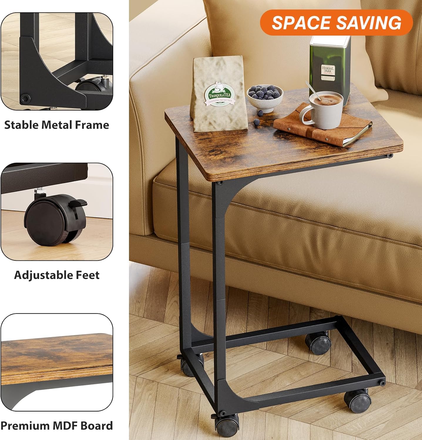 Fixwal TV Tray, C Table, C Shaped Side Table with Wheels for Couch, Coffee Tables for Living Room Sofa End Table, Bedside Table for Bedroom, Rustic Brown