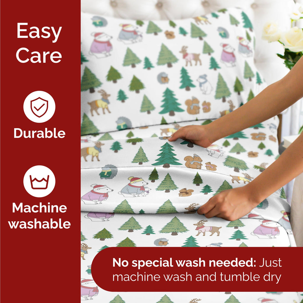 Komplet pościeli King Christmas Tree - Świąteczny wzór Xmas na lnie - Głębokie kieszenie - Dopasowany krój - 4 części - Bez zagnieceń - Wygodna i chłodząca świąteczna pościel zimowa - Łatwa w pielęgnacji - Przyjazna dzieciom