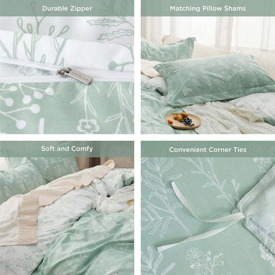 Bedsure Duvet Cover Queen Size - Reversible Floral Duvet Cover Set with Zipper Closure, Green Bedding Set, 3 Pieces, 1 Duvet Cover 90"x90" with 8 Corner Ties and 2 Pillow Shams 20"x26"