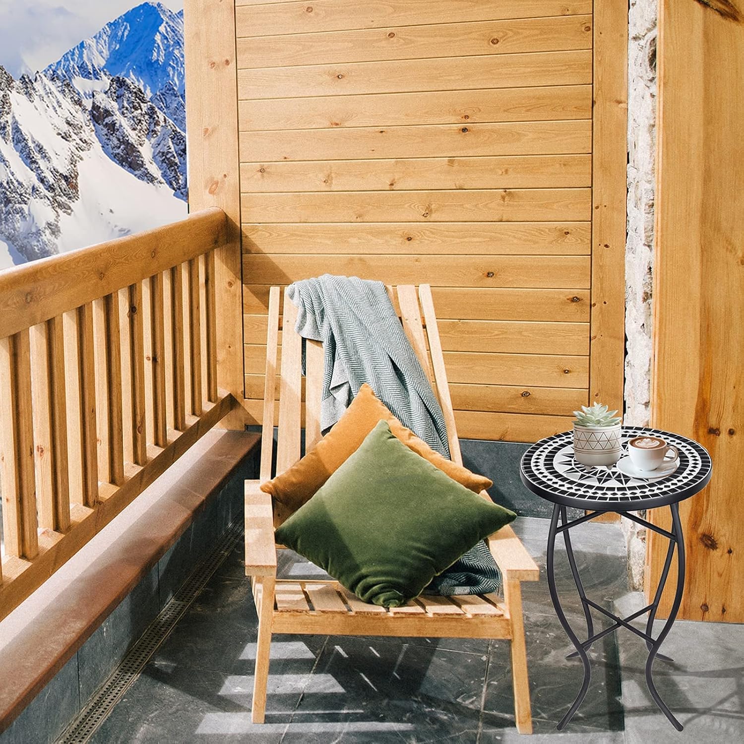 Vipush Mosaic Patio Side Table Outdoor Accent Table Bistro Coffee Table Plant Stand Indoor Folding Round End Table for Small Porch Balcony Backyard,Black