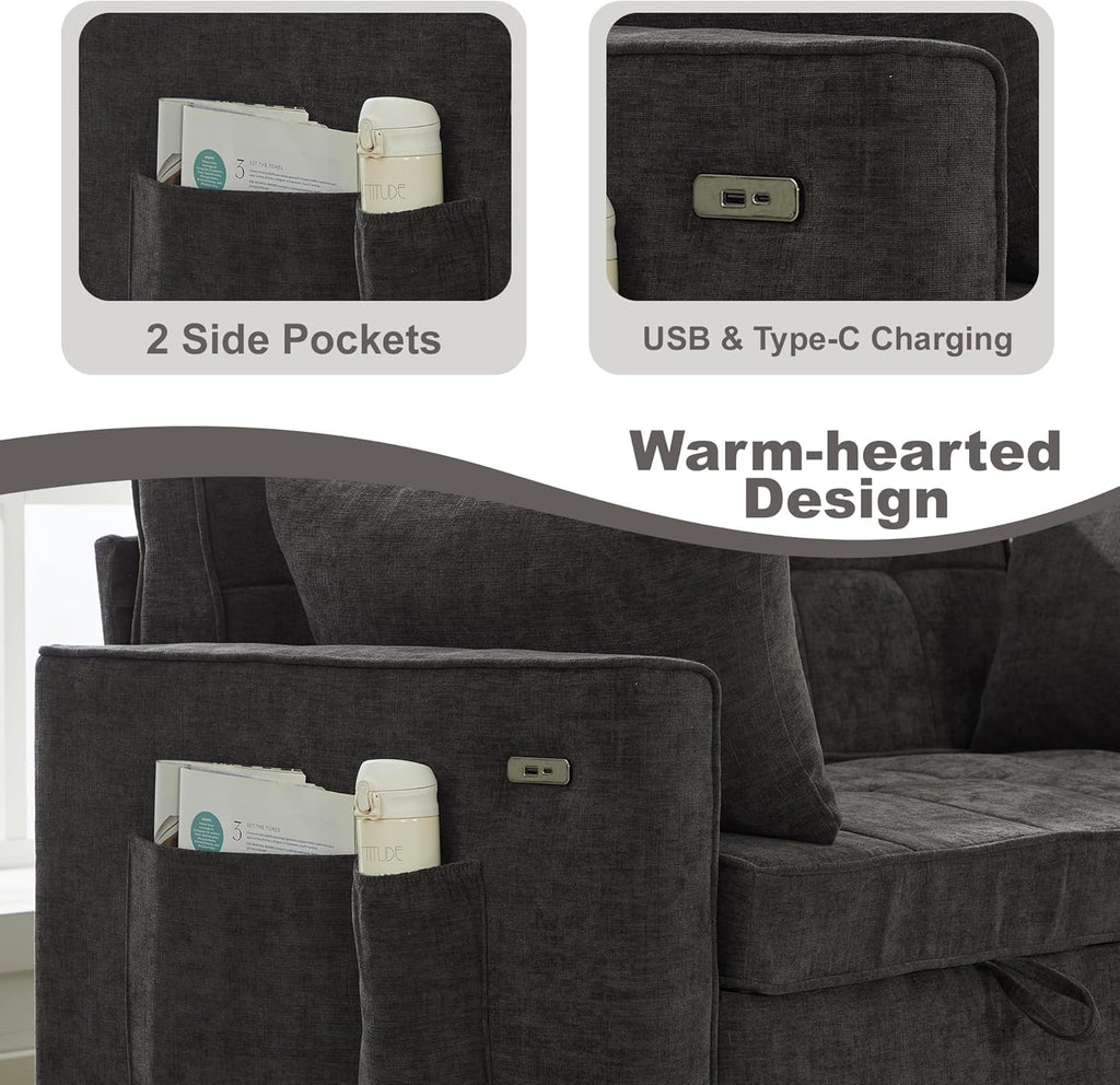 Tbfit 57" Convertible Sofa Bed, Chenille Futon Sleeper Sofa Couch with Pullout Bed, USB & Adjustable Backrest, Queen Size Pull Out Loveseat Couches for Living Room, Apartment, Office, Dorm, Dark Grey