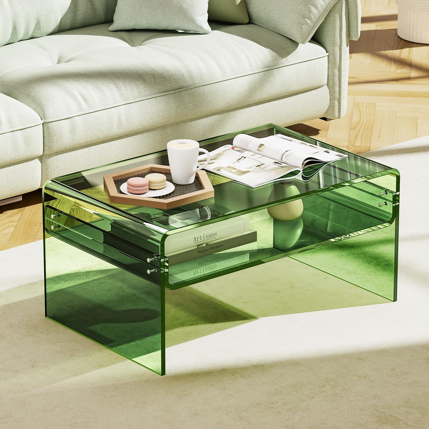 Acrylic Coffee Table for Living Room Clear Rectangle Lucite Table with Open Storage Shelf (1, Green, Large)